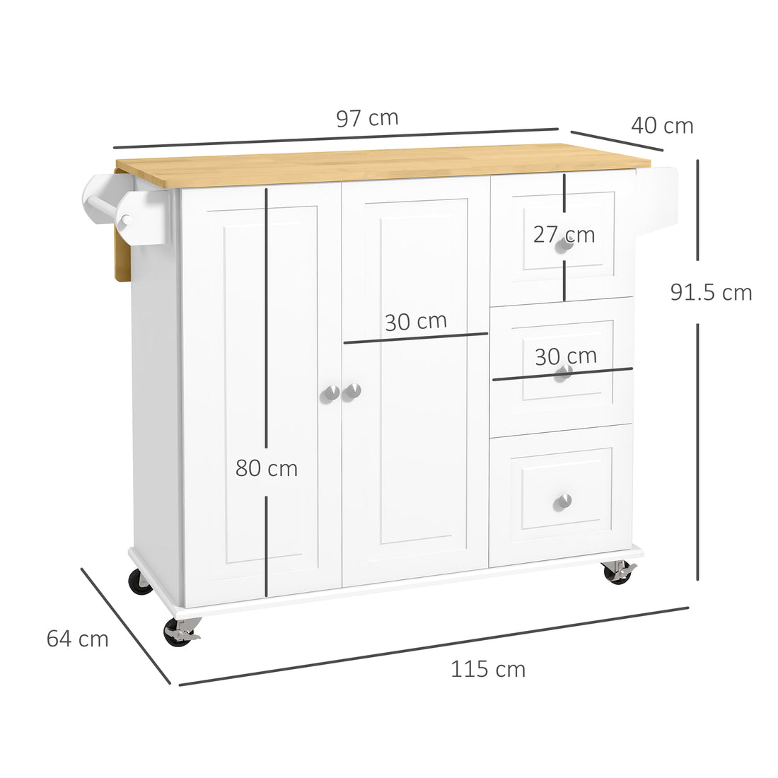 Rolling kitchen island on wheeled base