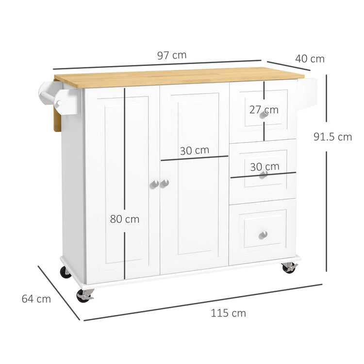 Rolling kitchen island on wheeled base