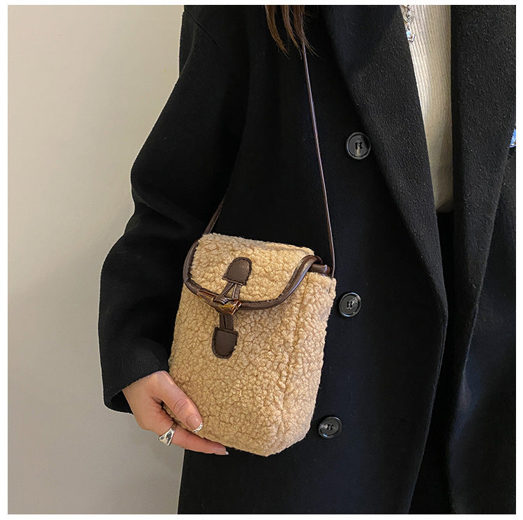 Women's Plush Lamb Wool Crossbody Bag Simple Trendy Phone Purse