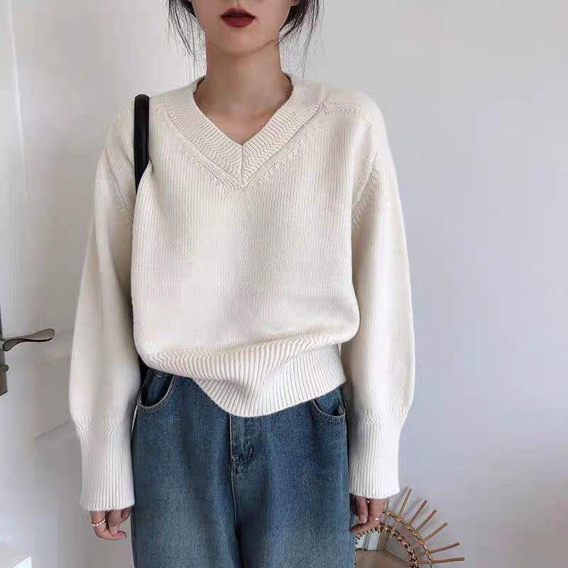 Women V-Neck Solid Color Long Sleeve Sweater Loose Fit Pullover