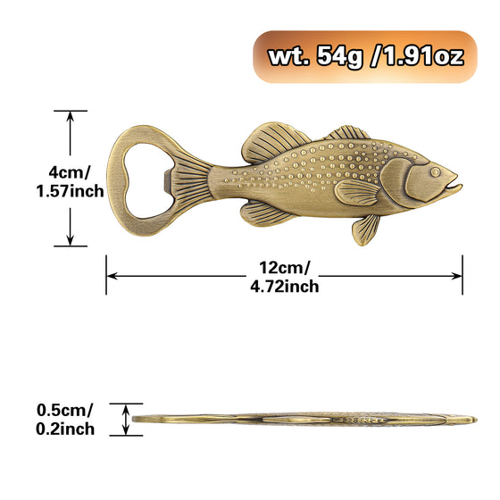 Bronze bass fish bottle opener dimensions 12 x 4 cm, 0.5 cm thick, 54 g