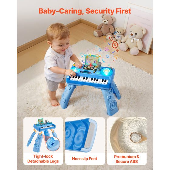 Toddler standing at the baby DJ table, with detachable legs and non-slip feet