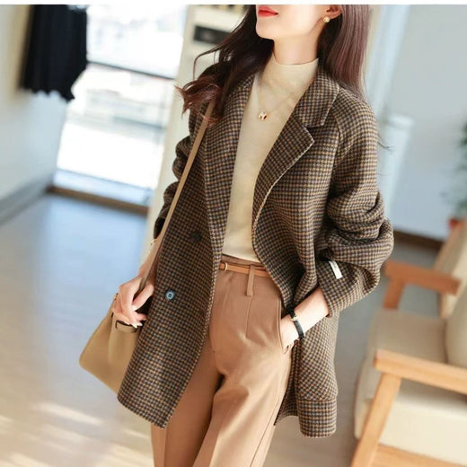 Women's loose mid-length checked wool coat