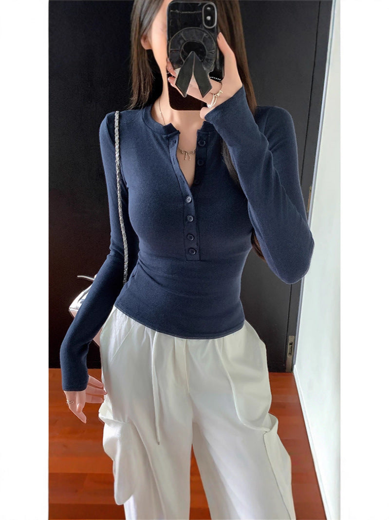 Women's Slim Fit Half-Collar Button Long Sleeve T-Shirt