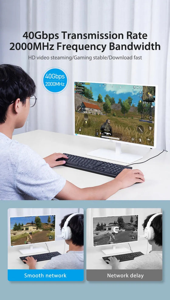 Gamer at a PC using a wired Ethernet connection