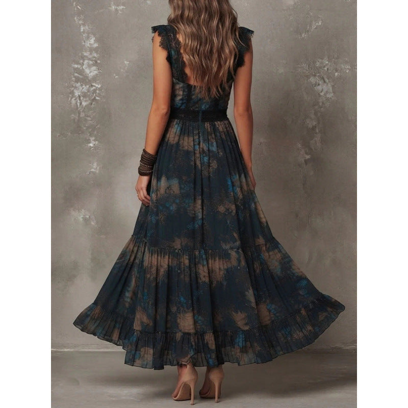 Floral Lace V-Neck Flutter Sleeve Chiffon Dress