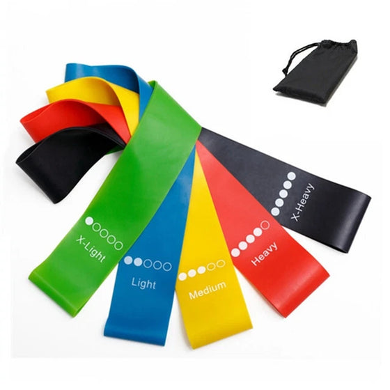 Five resistance loop bands fanned out with a black drawstring carry bag