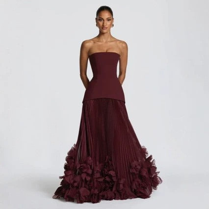 Strapless Petal Embellished Long Evening Dress with Train