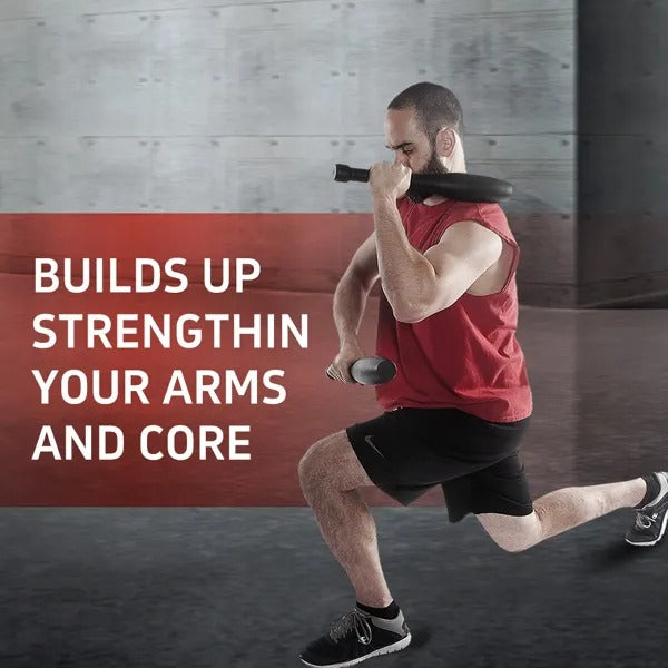 Man in red tank top performing a lunge while holding a black steel mace against his shoulder