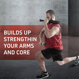 Man in red tank top performing a lunge while holding a black steel mace against his shoulder