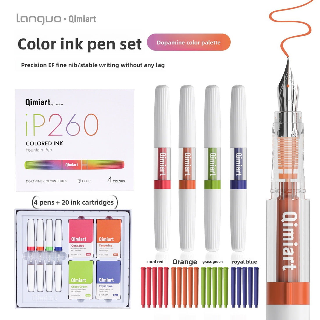 4-Color Fountain Pen Gift Set with EF Fine Nib and 20 Ink Cartridges