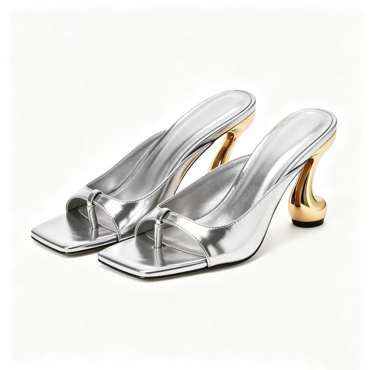 Metallic Square-Toe Open-Toe Slippers with Chunky Heel