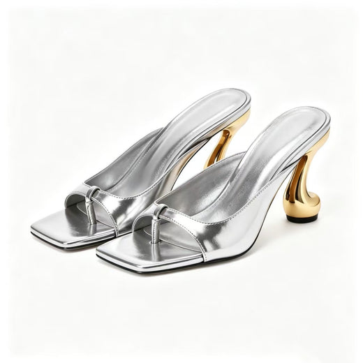Metallic Square-Toe Open-Toe Slippers with Chunky Heel