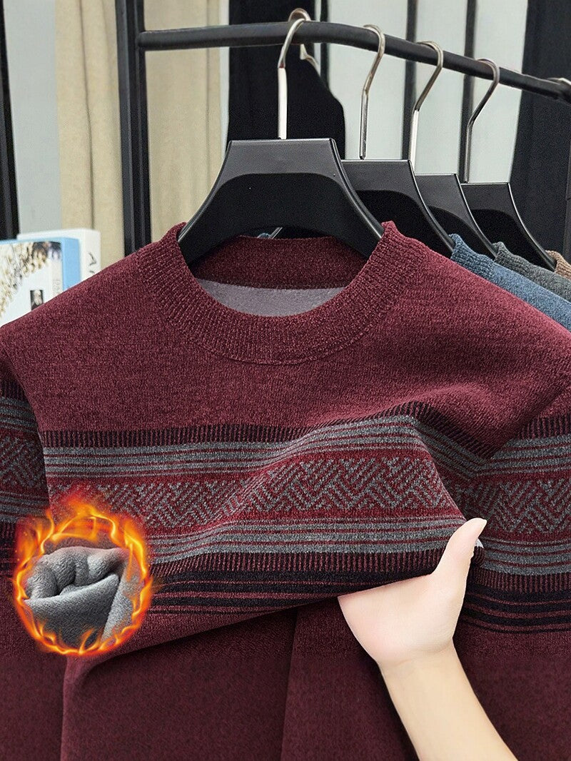 Men's Fleece Lined Striped Knit Sweater Crew Neck Long Sleeve Warm Pullover