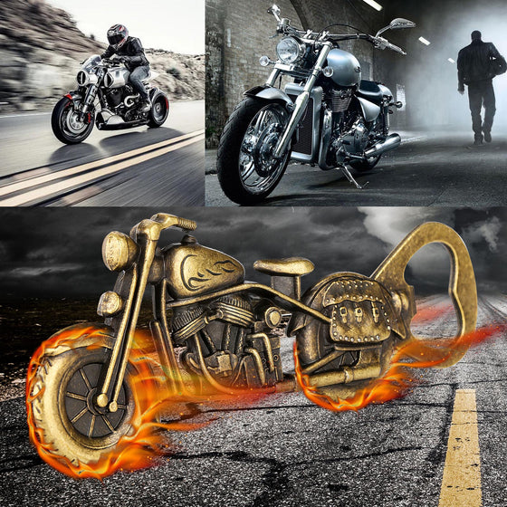 Bronze motorcycle bottle opener with flames over photos of bikers on the road