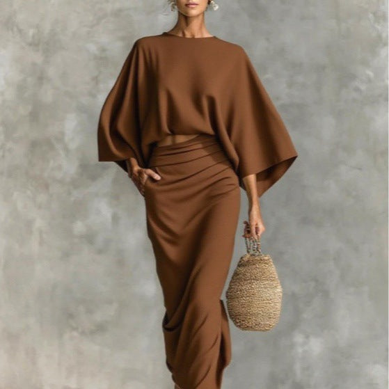 Womens High Waist Long Skirt Set with Loose Top