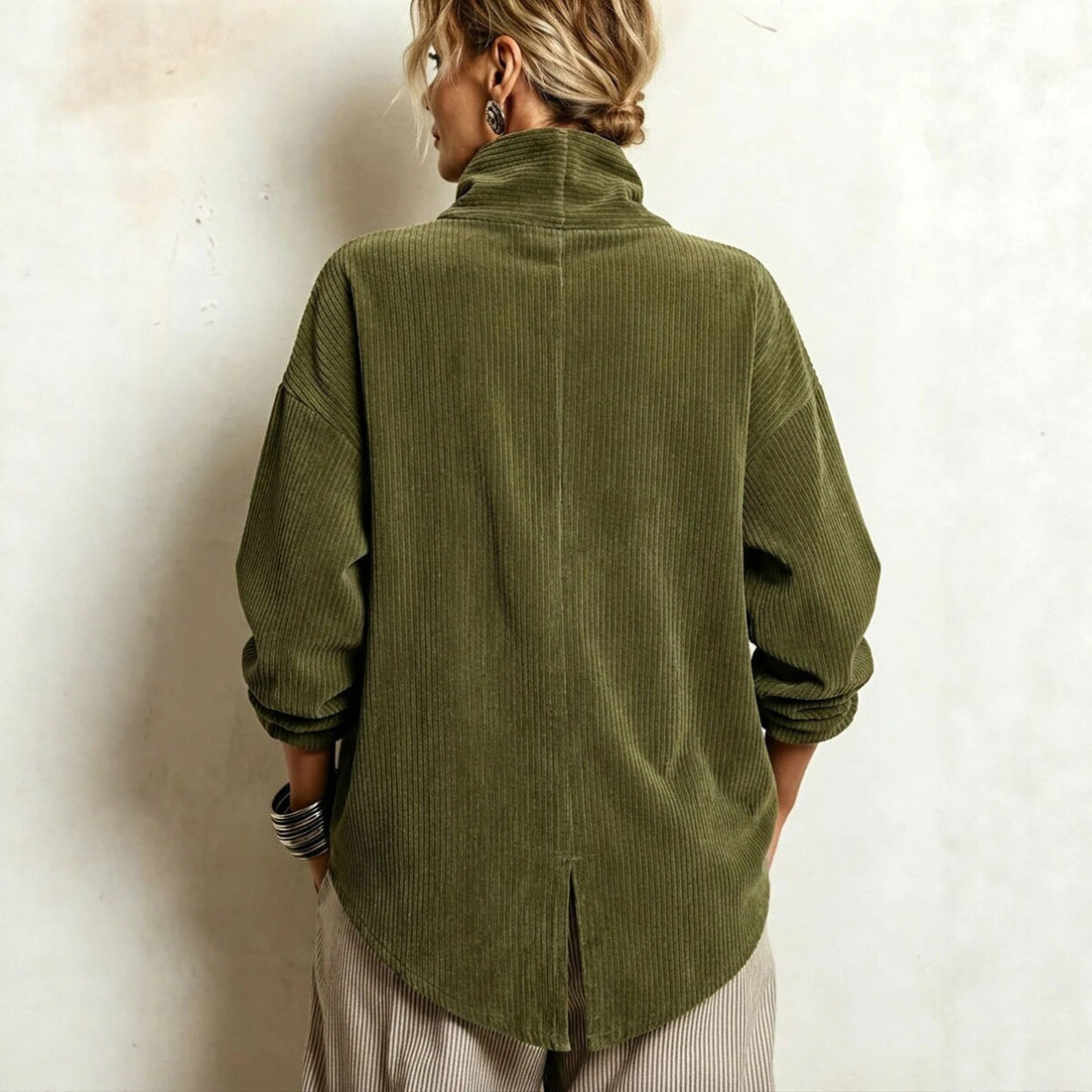 retro French-style, relaxed fit, loose high-neck, asymmetrical corduroy top