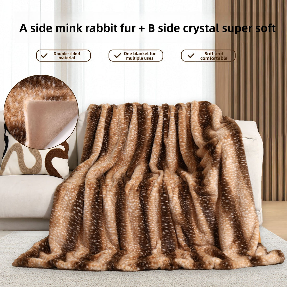 Mink Rabbit Fur Deer Pattern Double-Layer Plush Throw Blanket