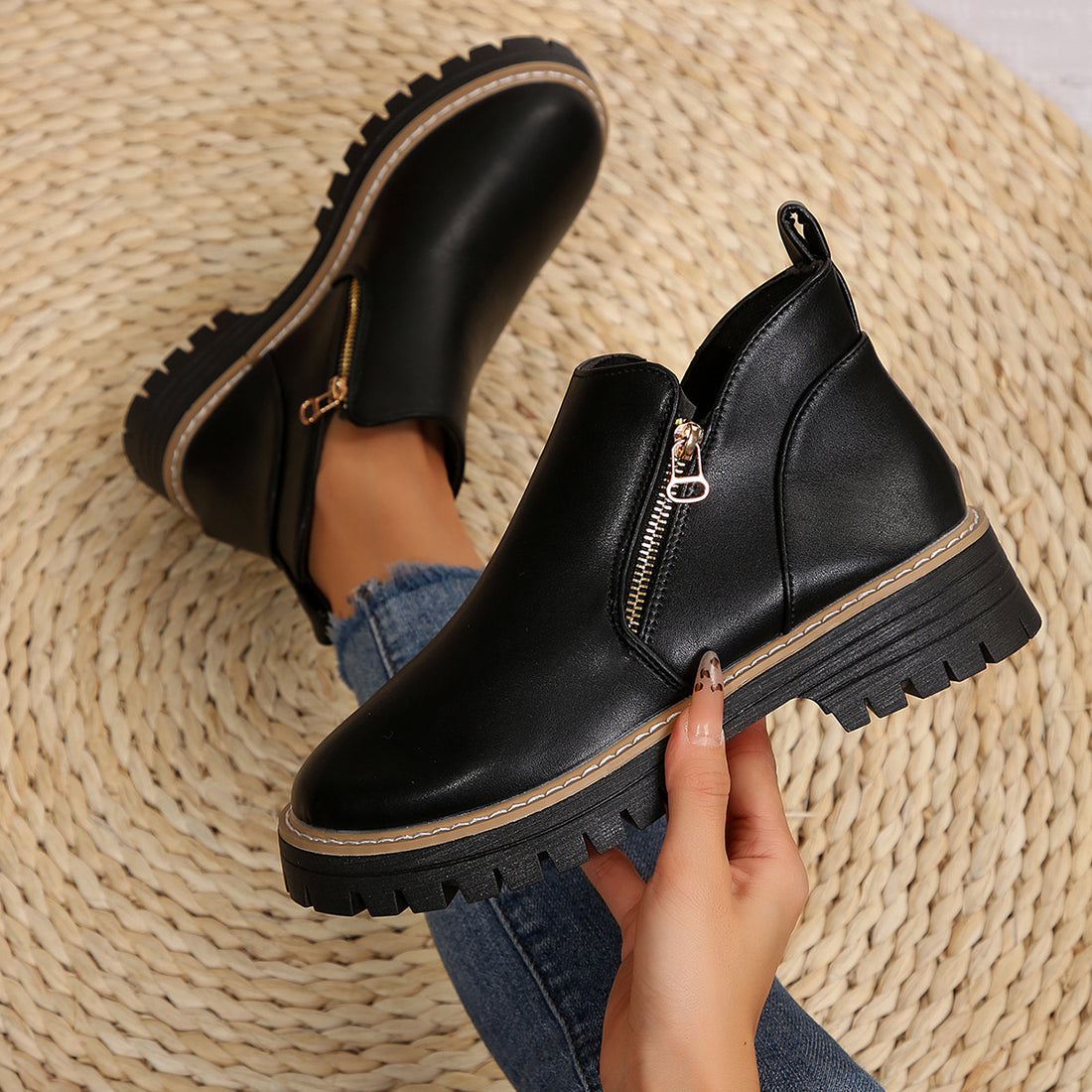 Women's Round Toe Side Zipper Square Heel Synthetic Leather Short Boots