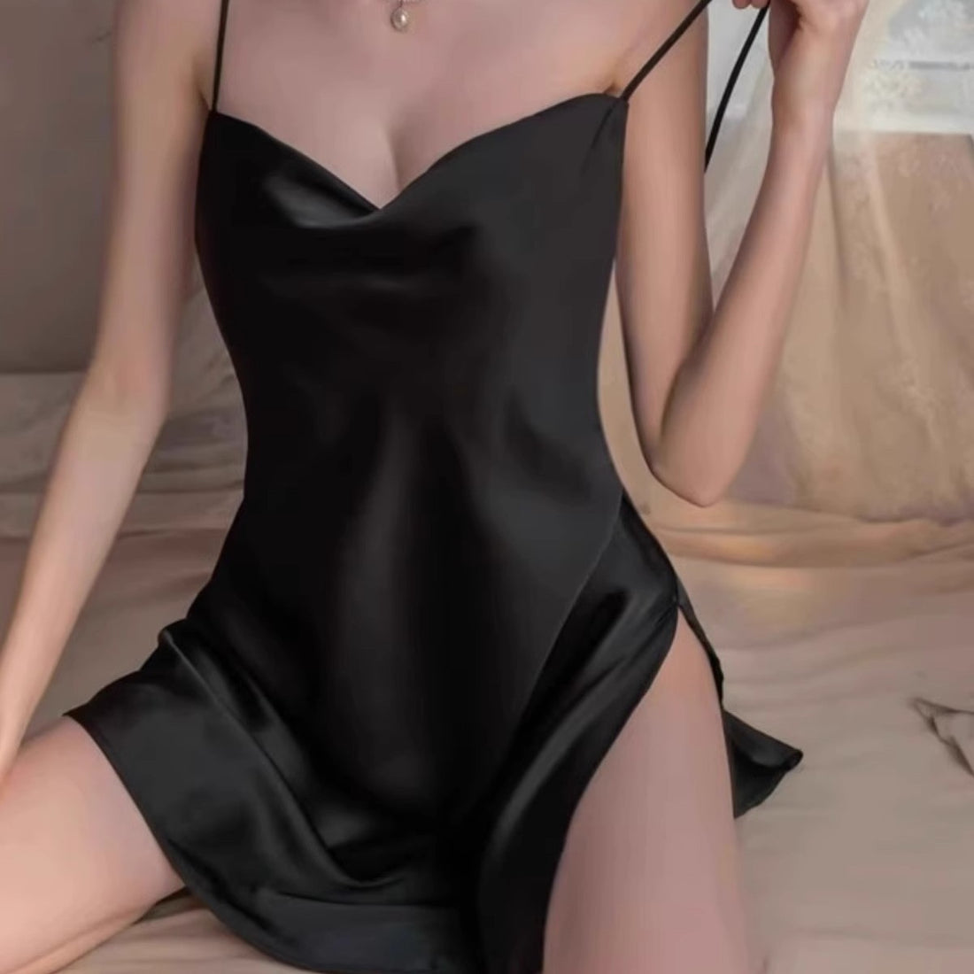 Women's Ice Silk Satin Slit Cami Nightgown Sleeveless Loungewear
