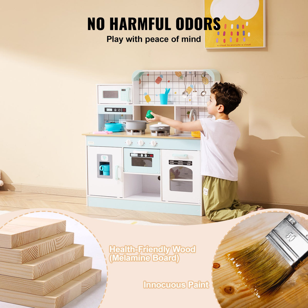 Child playing pretend cooking at kitchen playset