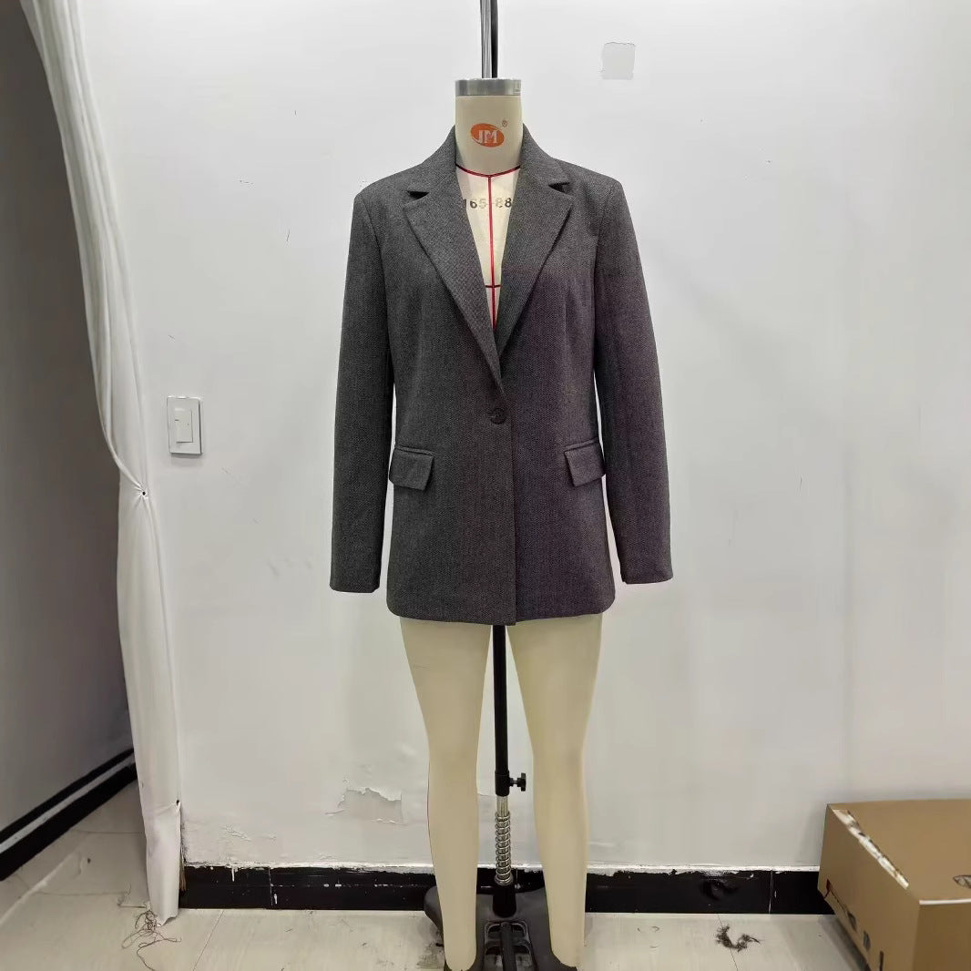 Women's Wool Blend Twill Lapel Blazer Suit Jacket