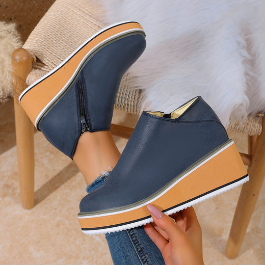 Womens Wedge Heel Ankle Boots Side Zipper Pointed Toe Comfortable Short Boots