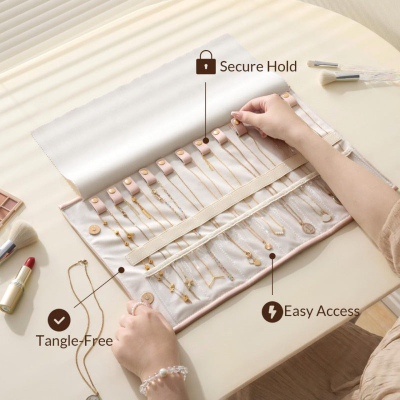 Foldable Leather Necklace Storage Organizer Roll-Up Travel Jewelry Bag
