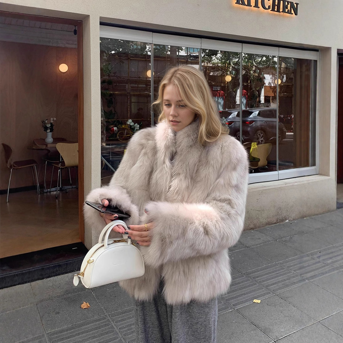Womens Stand Collar Faux Fur Coat