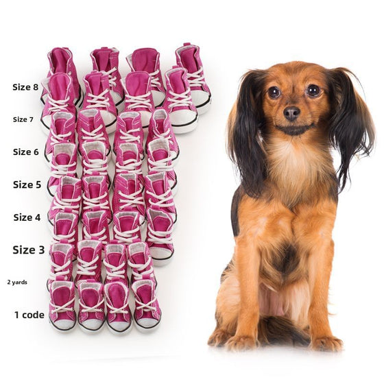 Pink canvas dog sneakers stacked in size order beside a dachshund