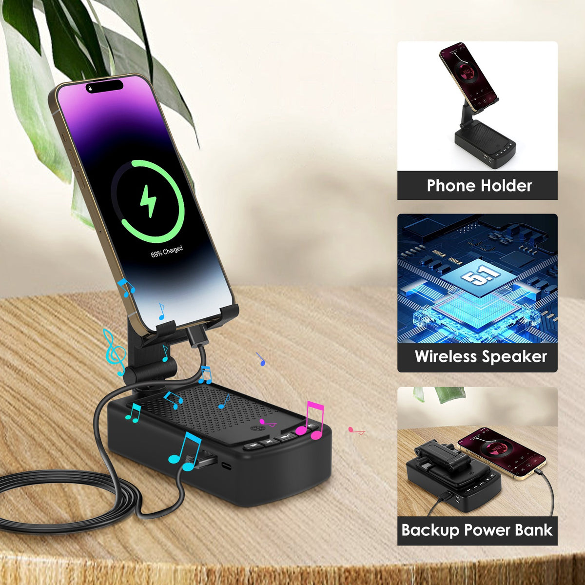 Foldable Phone Stand with Wireless Speaker & Power Bank