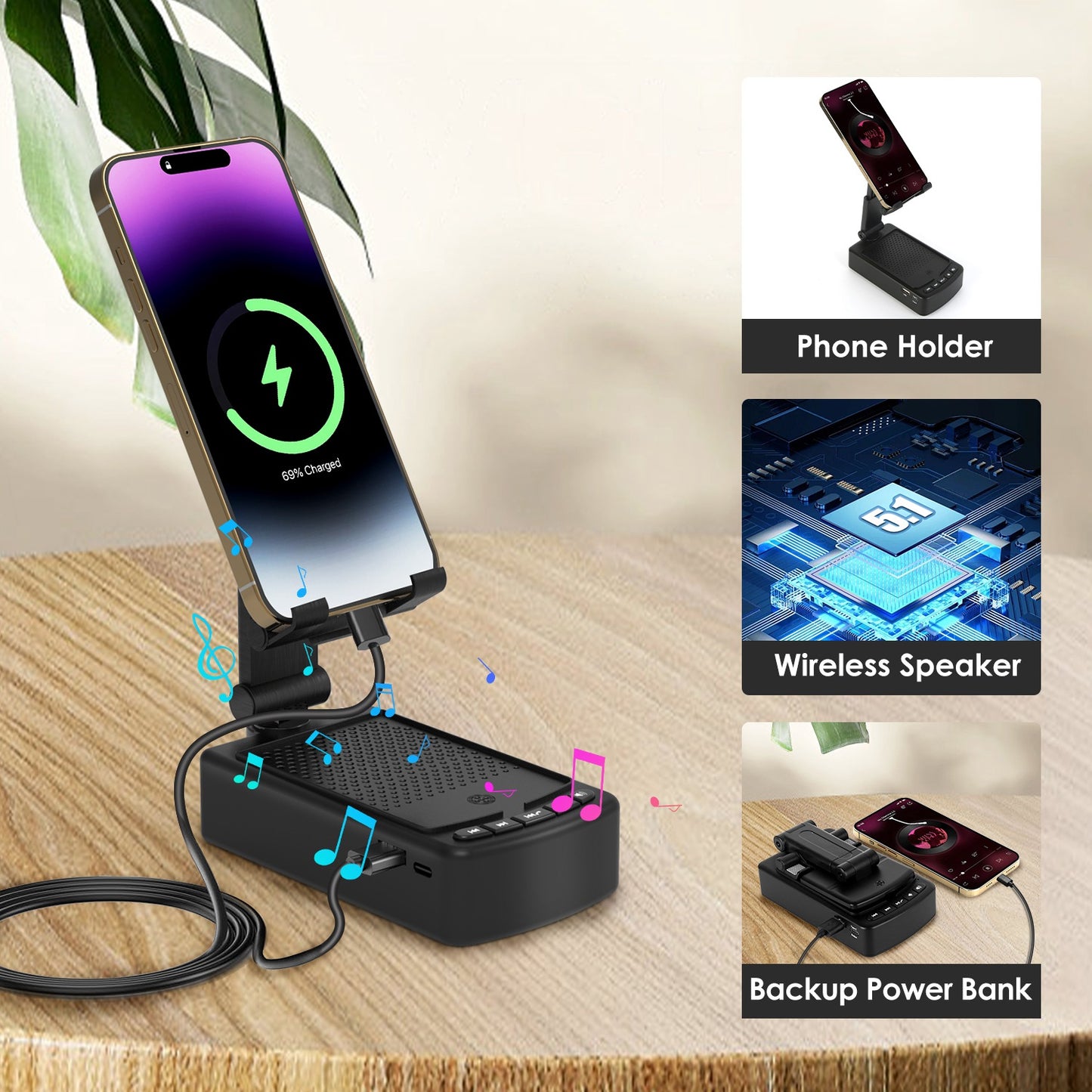 Foldable Phone Stand with Wireless Speaker & Power Bank