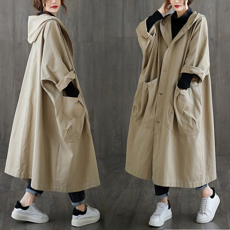 Fashionable loose-fitting knee-length long coat with large pockets for women