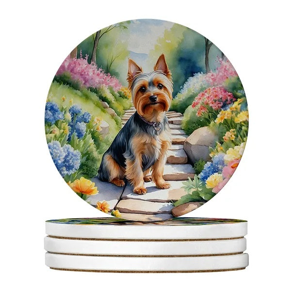 Sandstone coasters set of 4 with Yorkshire terrier in a garden watercolor, Style8