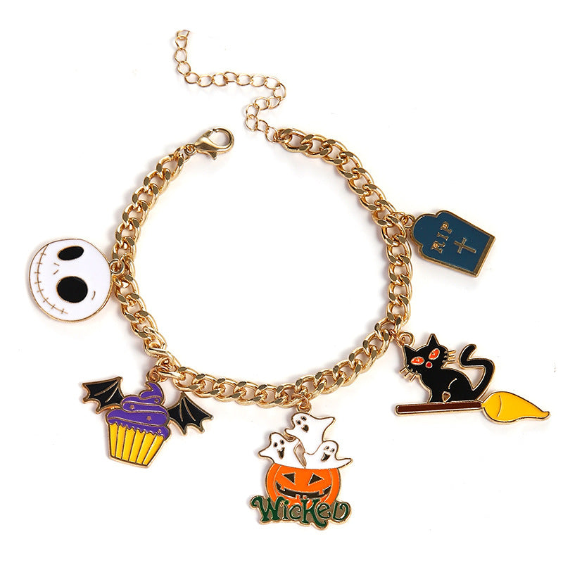 Halloween themed bracelet with pumpkin head, ghost wizard hat, festive ornaments