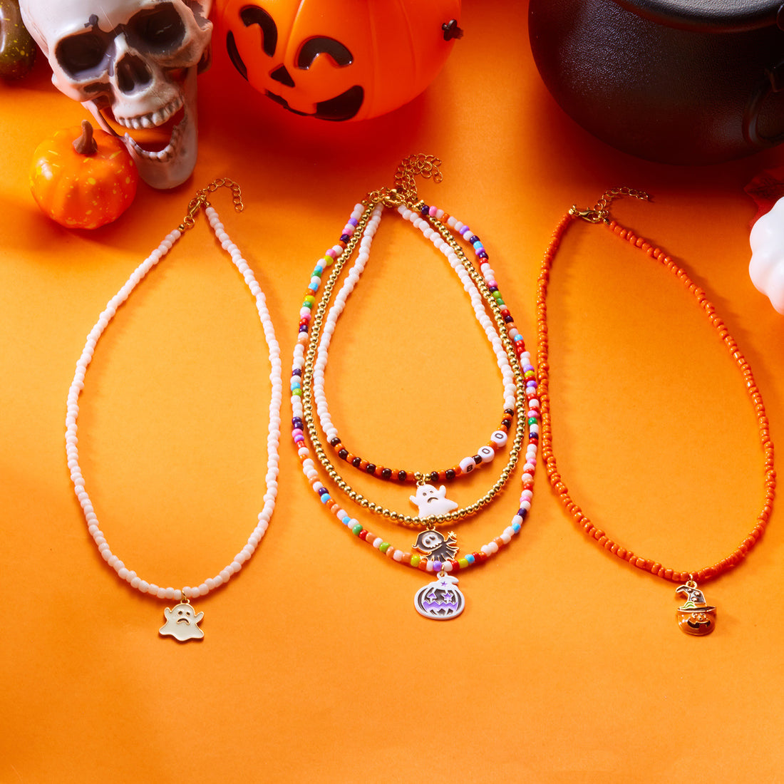 Halloween Beaded Ghost Pumpkin Pendant Necklace