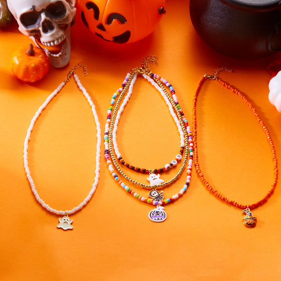 Halloween Beaded Ghost Pumpkin Pendant Necklace