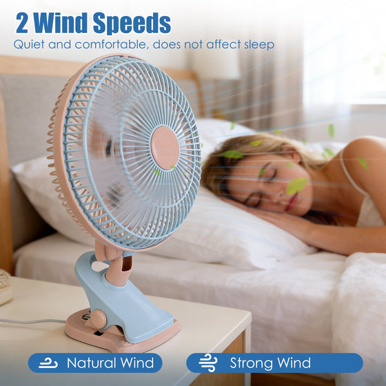 Clip-on fan on a bedside table near a sleeping woman, 2 speeds