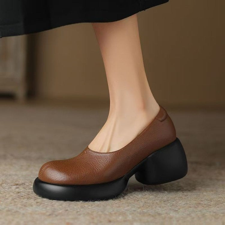 Womens Soft Sole Leather Loafers Thick Platform Chunky Heel Shoes