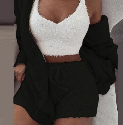 Women's 3-piece fleece pajama set in black with white tank top