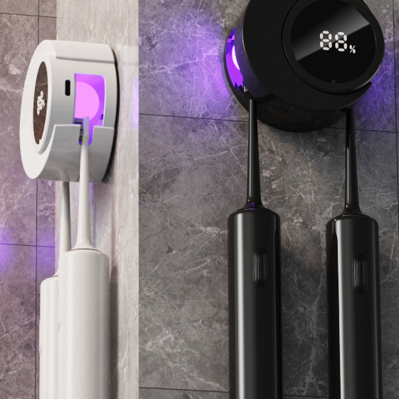 Round wall-mounted UV toothbrush sterilizer with purple light and an 88% display