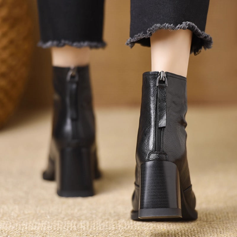 Women Retro Square Toe Chunky Heel Ankle Boots