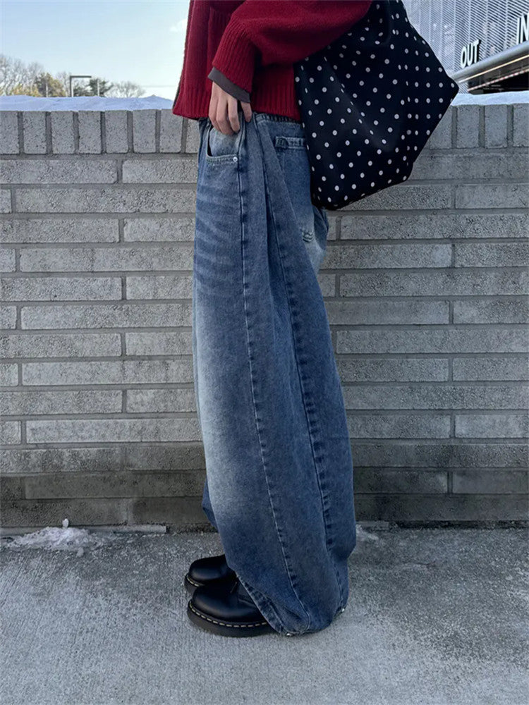 Women?s Retro Washed Wide-Leg Buttoned Hem Denim Jeans
