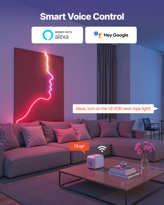 Living room wall with a pink neon rope light shaped like a face profile