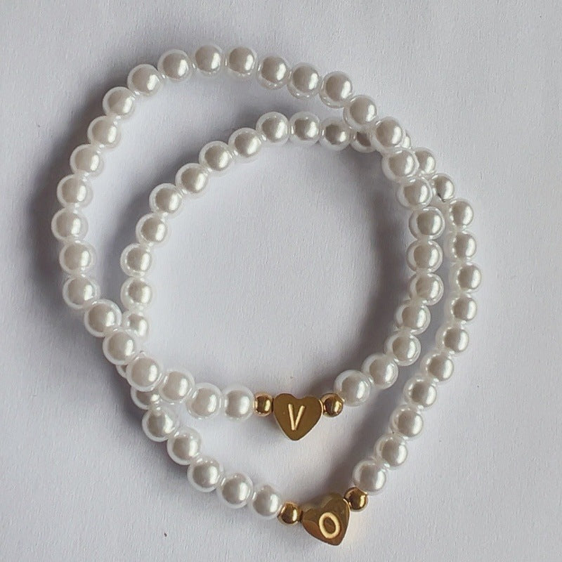 Gold Letter Charm Faux Pearl Bracelet for Women Personalized Stacking Jewelry