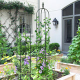 6.2 ft tall black garden obelisk trellis supporting climbing plants in flower bed