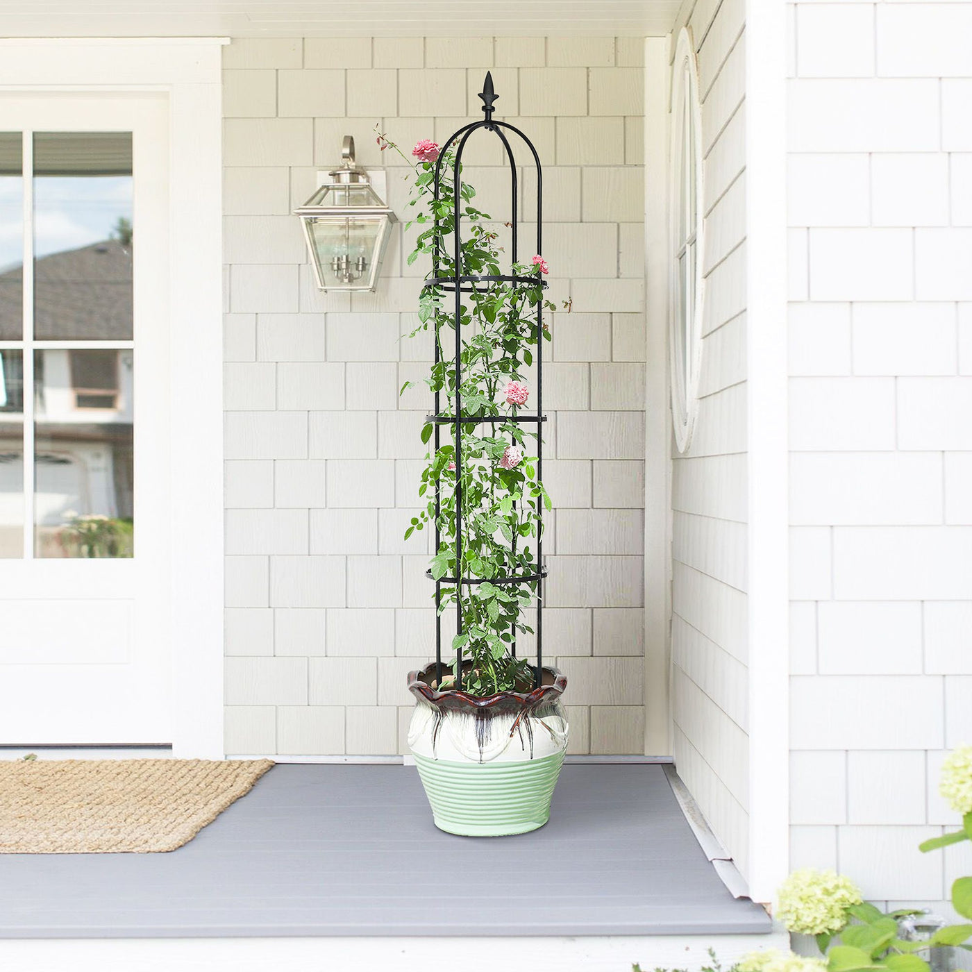 6.2 ft tall black garden obelisk trellis supporting climbing plants in flower bed - close-up detail