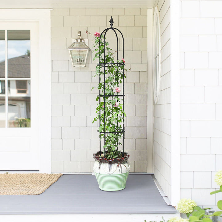 6.2 ft tall black garden obelisk trellis supporting climbing plants in flower bed - close-up detail