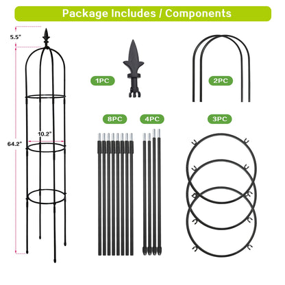 6.2 ft tall black garden obelisk trellis supporting climbing plants in flower bed - side view