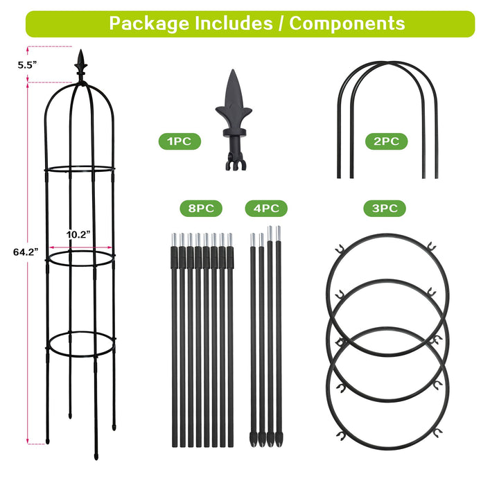 6.2 ft tall black garden obelisk trellis supporting climbing plants in flower bed - side view